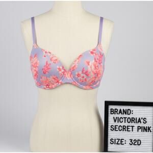 Victoria's Secret PINK Floral Bra 32D Wear Everywhere Demi Light Purple Padded